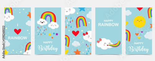 rainbow background with cloud,rain illustration for sticker,postcard,birthday invitation.Editable element