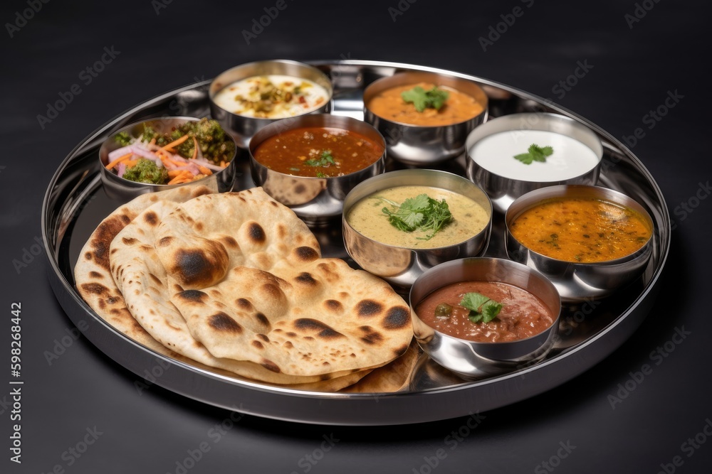 colorful assortment of food on a metal tray. Generative AI Generative AI