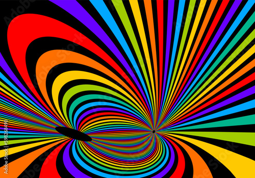 Colorful rainbow abstract vector lines psychedelic optical illusion illustration, surreal op art linear curves in hyper 3D perspective, crazy distorted design, drug hallucination delirium,