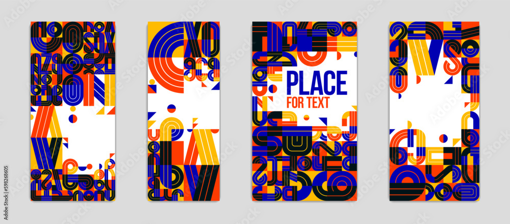 Covers and brochures for advertising geometric vector designs set, collection of trendy compositions with places for text.