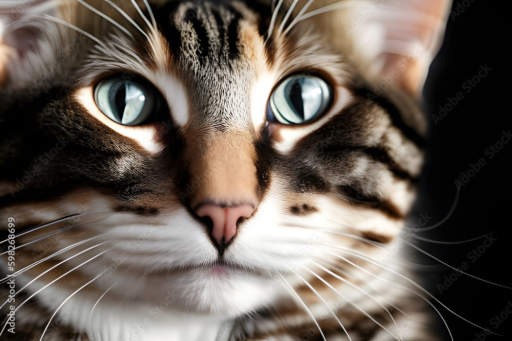 Skeptic surprised cat thinking & dont know what to do, big eyes closeup. Tabby cat look side