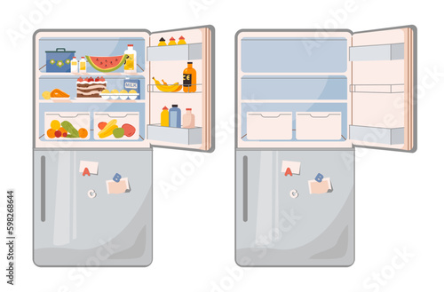 Refrigerator with food inside and an empty refrigerator. Household appliances in the kitchen. Vector flat cartoon illustration