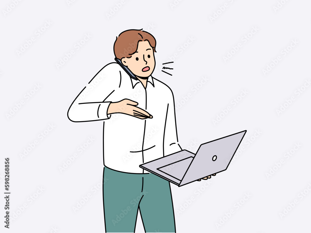 Busy businessman work on laptop talk on cellphone with client. Unhappy male employee overwhelmed with job, use computer speak on phone. Multitasking. Vector illustration. Generative AI Busy businessman work on laptop talk on cellphone with client. Unhappy male employee overwhelmed with job, use computer speak on phone. Multitasking. Vector illustration. Generative AI