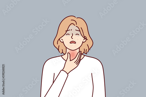 Woman is experiencing thyroid pain associated with hypothyroidism or cancer of endocrine system and puts hand on red neck. Thyroid disease requiring treatment and therapy or surgery Generative AI