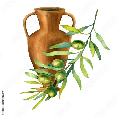 Watercolor llustration of ceramic Amphora for olive oil with olive branch isolated on a white background.