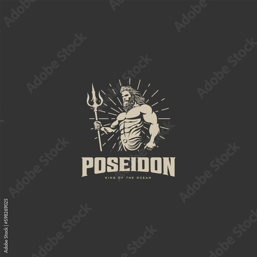 vector illustration of poseidon holding trident in vintage style
