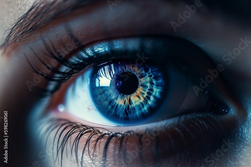 A mesmerizing image of a human eye, with a close-up on the iris reflecting a stunning world. Ai generated.