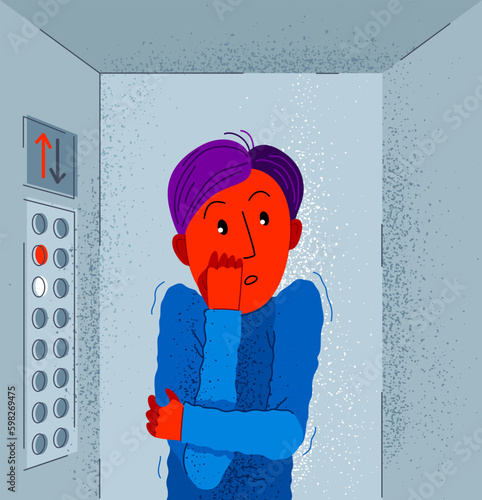 Claustrophobia fear of closed space and no escape vector illustration, boy is closed in elevator and scared in panic attack.