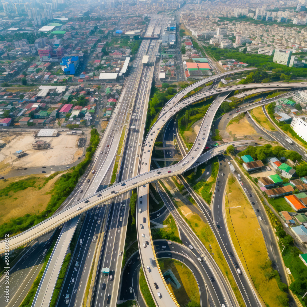 Air view of the cityscape with wide range of intertwining highways. Complicated traffic system of metropolis. Generative AI. Air view of the cityscape with wide range of intertwining highways. Complicated traffic system of metropolis. Generative AI.