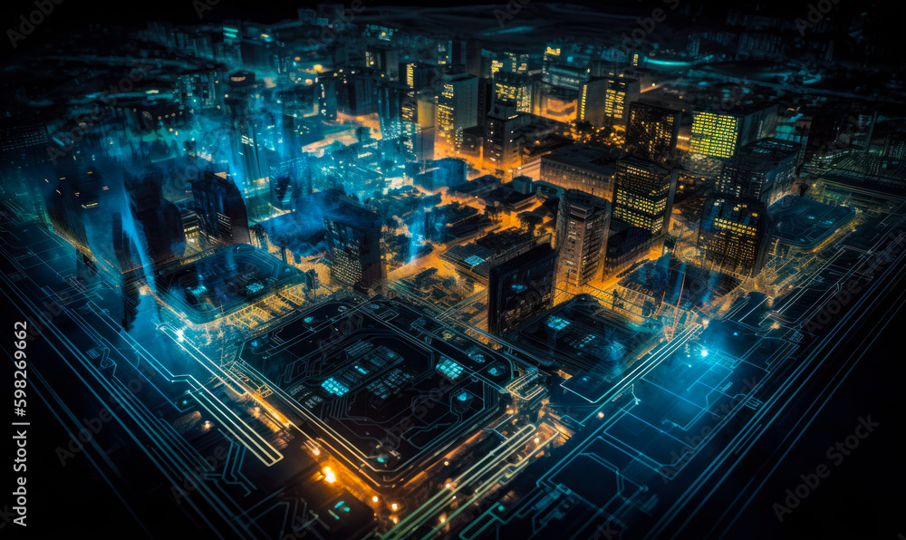 Digital cityscape of multi-storied building and neon lines. Smart city concept. Generative AI. Digital cityscape of multi-storied building and neon lines. Smart city concept. Generative AI.