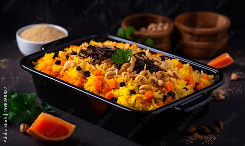 A black dish with prepared dinner. Rice dish with vegetables and nuts. Close up. Generative AI. A black dish with prepared dinner. Rice dish with vegetables and nuts. Close up. Generative AI.