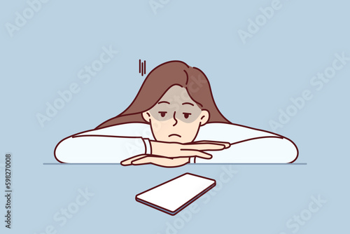 Woman looks at phone waiting for call from boyfriend or SMS message suffering from digital addiction. Girl is addiction to mobile gadgets or smartphone in need of internet communication Generative AI