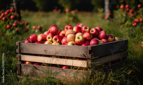 A full crate of ripe red apples in the grass. Freshly gathered fruit in the sunlight. Generative AI.