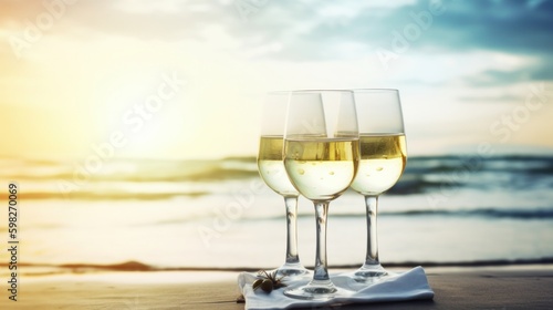 White wine on the summer sea background. AI generated