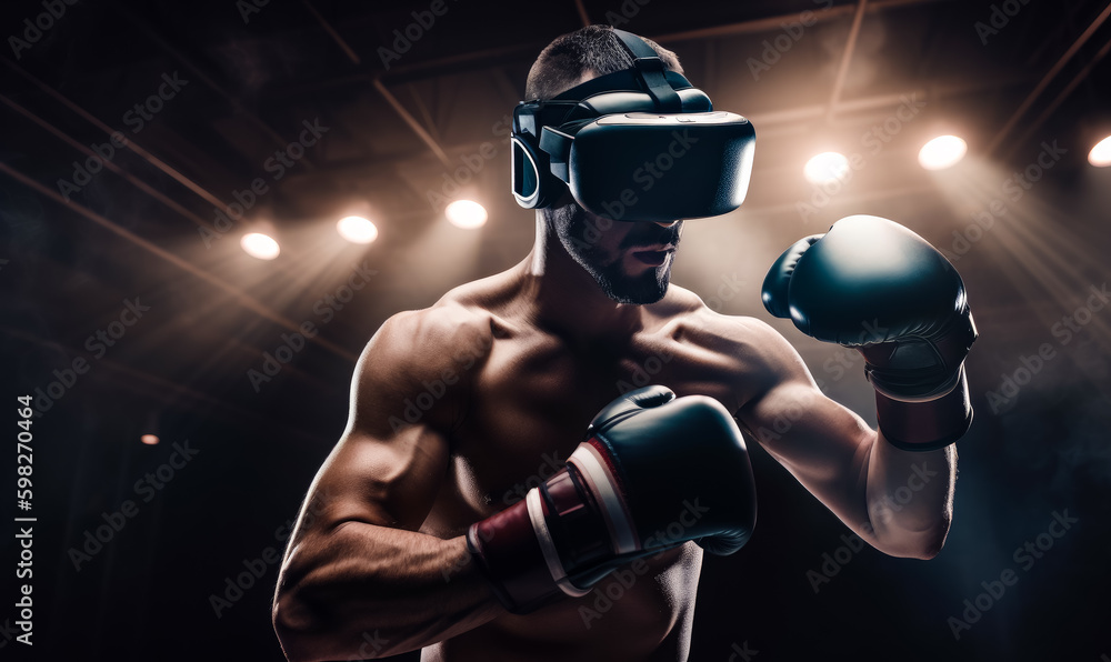 Muscular bearded boxer wears vr glasses and boxing gloves. Virtual reality sport. Generative AI.