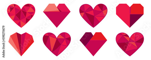 Red triangle love heart logo collection. Set of red heart icons