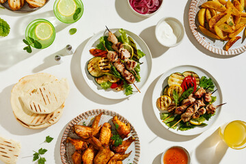Picnic table with delicious chicken kebab skewers