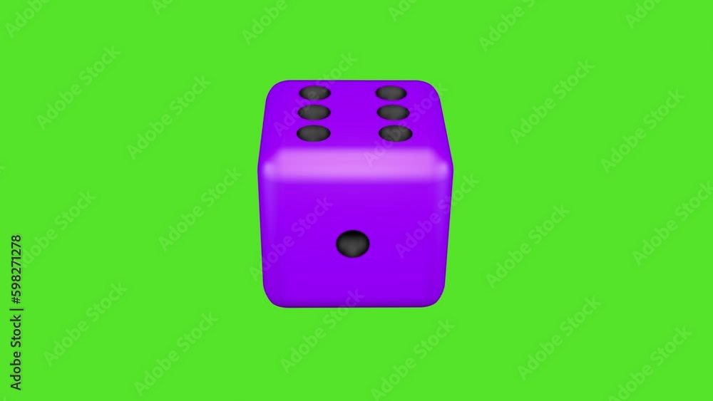 The purple dice rotates against the background of a green screen. 3D animation The purple dice rotates against the background of a green screen. 3D animation