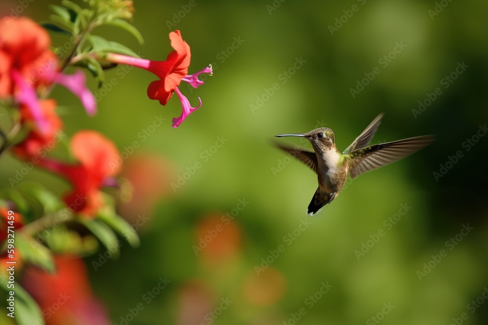 Fototapeta premium A hummingbird hovering in front of a flowe