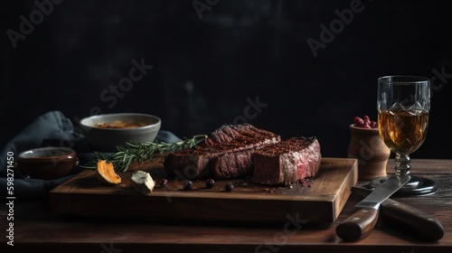 Juicy grilled on rustic wooden tray against dark. AI generative.