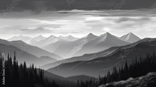 Majestic sunrise over the rocky mountains. Black and white polygonal style. AI generative.