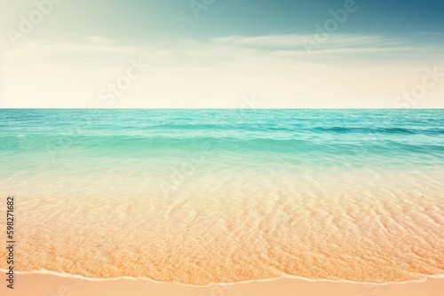 serene sandy beach with clear blue ocean and sky in the backdrop. Generative AI Generative AI