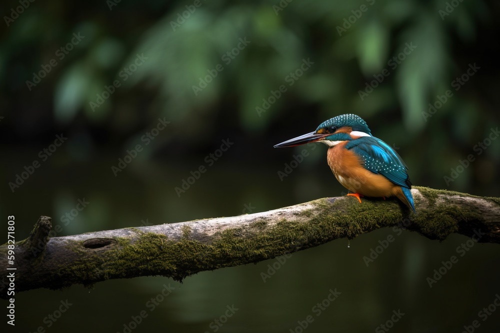 A kingfisher perched on a branch overhanging a rive A kingfisher perched on a branch overhanging a rive