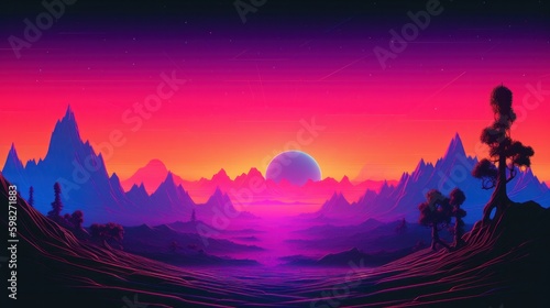 Retro synthwave landscape with bold colors. AI generative.