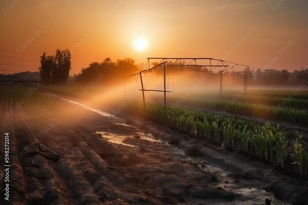 An image of a modern irrigation system, using technology to efficiently water crops and plants. Ai generated.