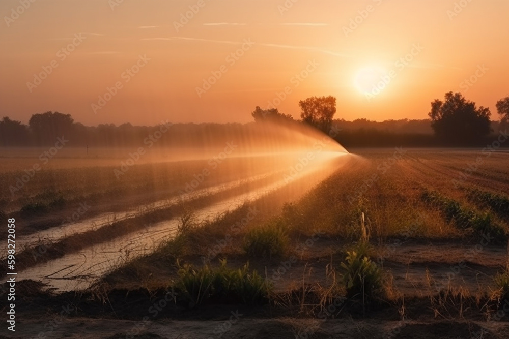 An image of a modern irrigation system, using technology to efficiently water crops and plants. Ai generated. An image of a modern irrigation system, using technology to efficiently water crops and plants. Ai generated.