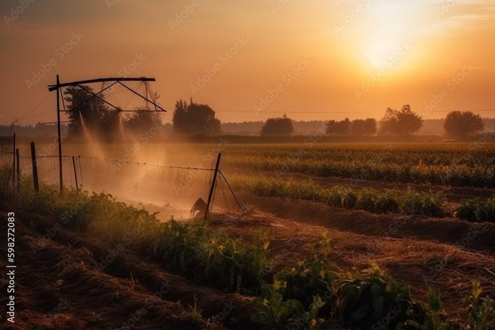 Fototapeta premium An image of a modern irrigation system, using technology to efficiently water crops and plants. Ai generated.
