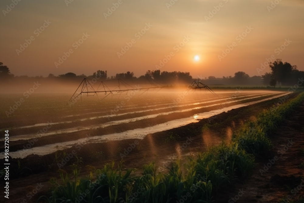 An image of a modern irrigation system, using technology to efficiently water crops and plants. Ai generated. An image of a modern irrigation system, using technology to efficiently water crops and plants. Ai generated.