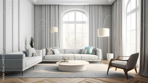 Modern interior design of cozy apartment, living room with white sofa, armchairs. Room with big window. 3d rendering