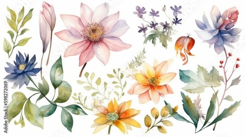 Spring flowers. Botanical design elements in watercolor style. AI generative. © vadymstock