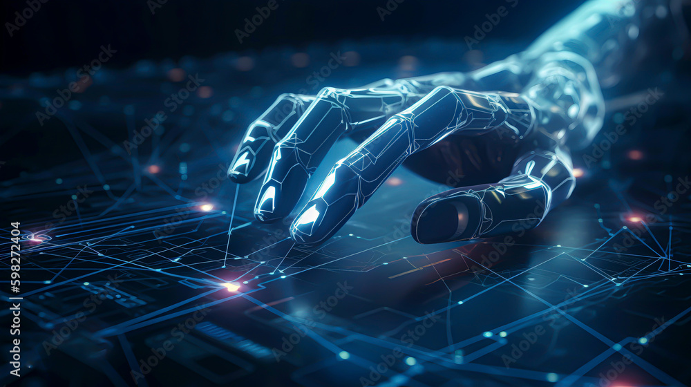 robot hand touching on technologic surface , artificial intelligence and big data robot hand touching on technologic surface , artificial intelligence and big data