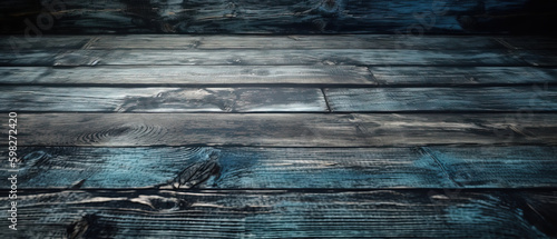 old blue wood table background, wooden grunge texture dark black vintage wallpaper. Generative AI
