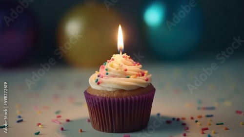 Sweet and Tempting Birthday Cupcake with Glowing Candle on Light Background AI generative.