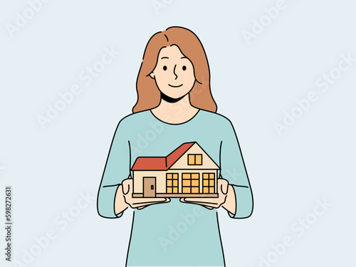 Smiling woman holding house model in hands. Happy female real estate agent with home maquette recommend service to client. Realty and rent. Vector illustration.  Generative AI