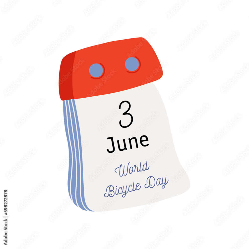 Tear-off calendar. Calendar page with World Bicycle Day date. June 3. Flat style hand drawn vector icon.
Tear-off calendar. Calendar page with World Bicycle Day date. June 3. Flat style hand drawn vector icon.