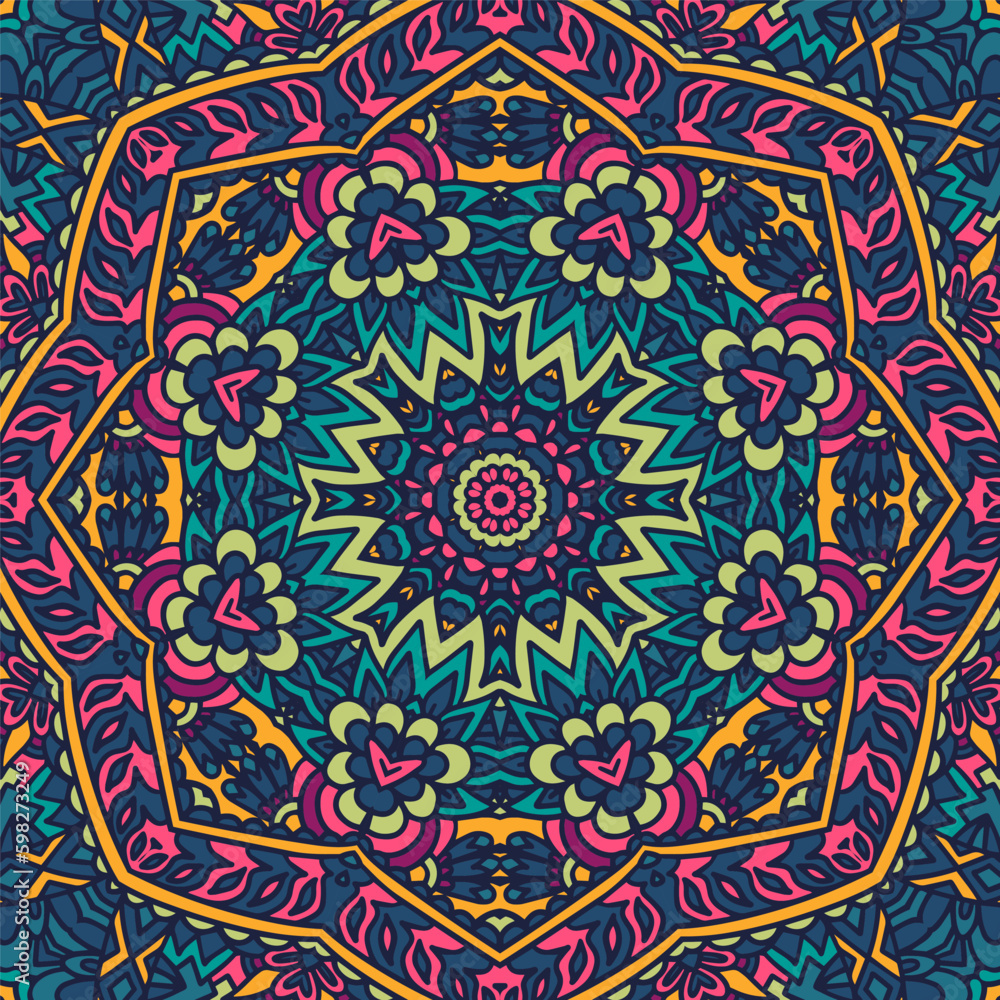 Mandala ethnic floral art seamless pattern. Vector geometric carnival doodle style print.