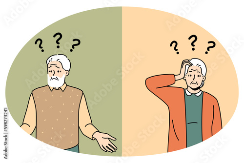 Unhappy old man and woman with question marks above head suffer from Alzheimer disease. Confused mature grandparents frustrated struggle with dementia. Brain problem. Vector Generative AI