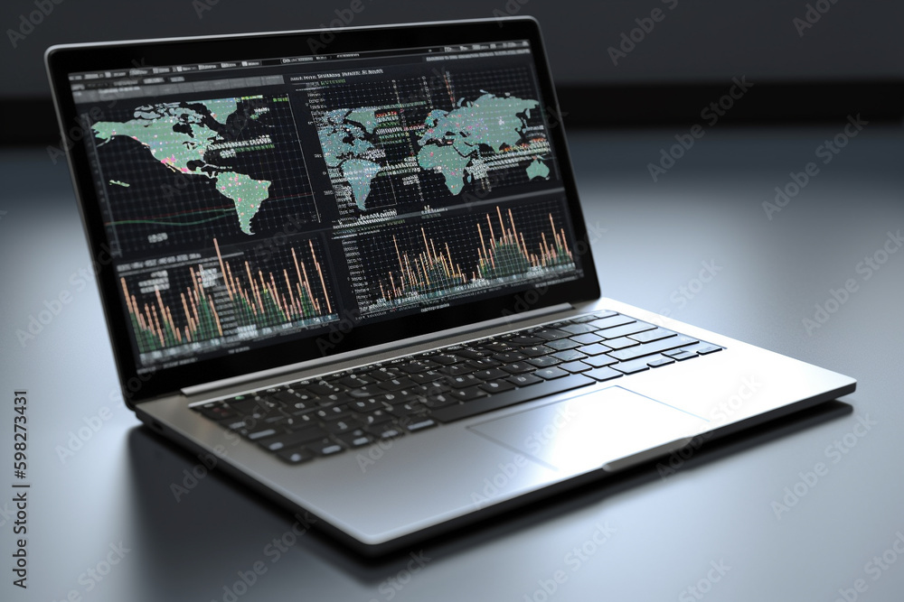 An image of a laptop screen displaying data and graphics, representing the use of technology in data analysis. Ai generated. An image of a laptop screen displaying data and graphics, representing the use of technology in data analysis. Ai generated.