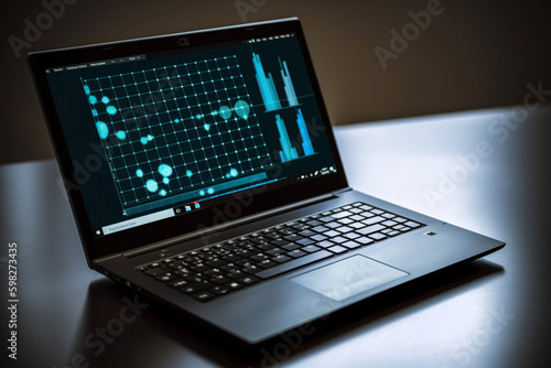 An image of a laptop screen displaying data and graphics, representing the use of technology in data analysis. Ai generated.