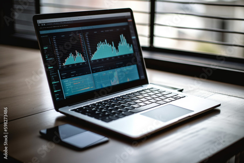 An image of a laptop screen displaying data and graphics, representing the use of technology in data analysis. Ai generated.