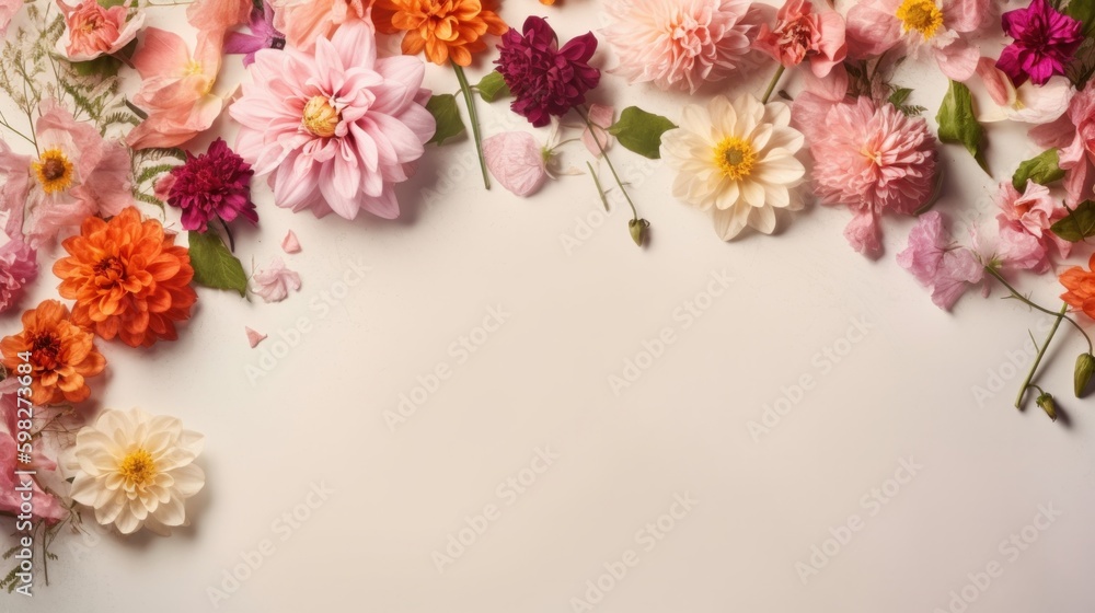 spring flowers frame on paper background. With blank space for text. AI generated. spring flowers frame on paper background. With blank space for text. AI generated.