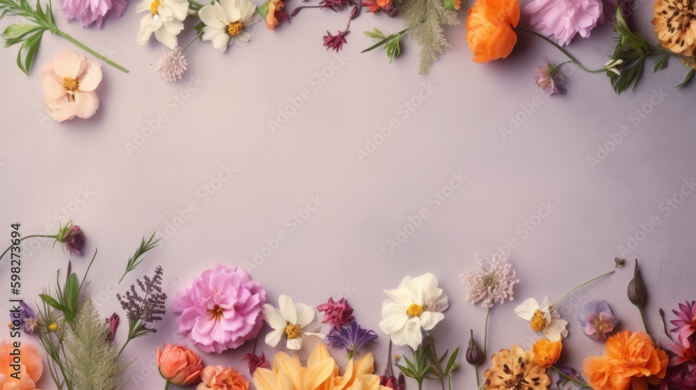 spring flowers frame on paper background. With blank space for text. AI generated. spring flowers frame on paper background. With blank space for text. AI generated.