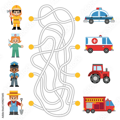 Maze game for children, connect the professional people to their transport. Cartoon sen of characters and cars
