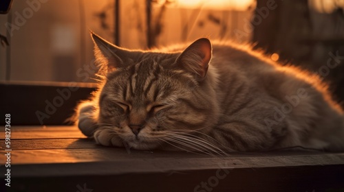 Sleeping cat at sunrise of the day. AI generated.