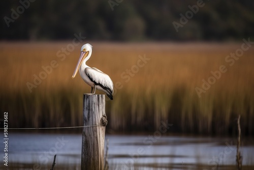 A pelican perched on a wooden post in a marshy wetlan photo