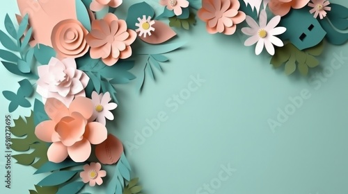 Spring paper cut style flowers frame on paper background. With blank space for text. AI generated.